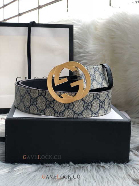 Gucci Leather Belt PVC Brown & Blue Monogram Gold Buckle